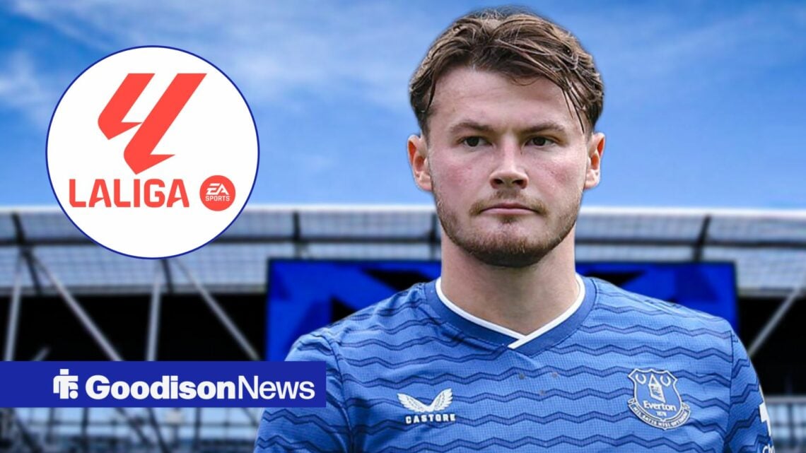 Nathan Patterson in an Everton shirt looking towards a LaLiga badge in a circle inset