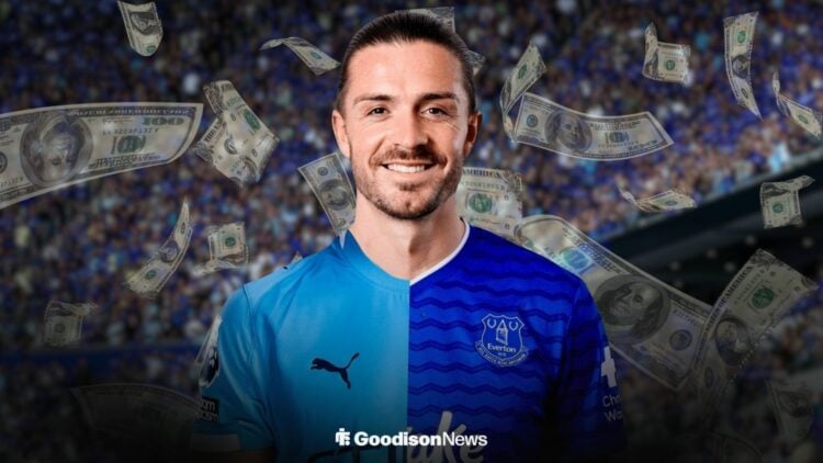 Jack Grealish in a half Manchester City shirt and half Everton shirt