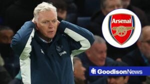 David Moyes looking shocked towards a circle inset of the Arsenal badge