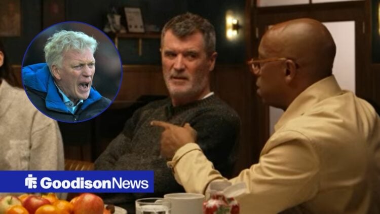 Roy Keane and Ian Wright in discussion on Stick to Football, with the latter pointing, alongside a circular inset of David Moyes shouting on the to...