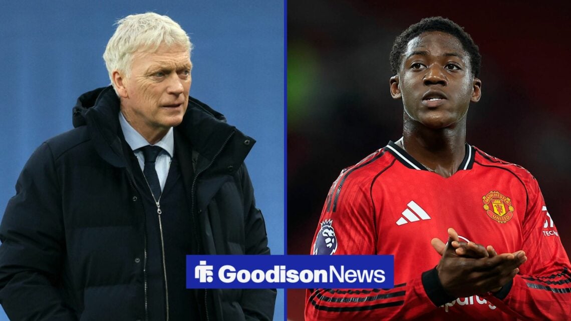 Manchester United's Kobbie Mainoo during Premier League match against AFC Bournemouth in a 50:50 image with Everton manager David Moyes, who is wea...