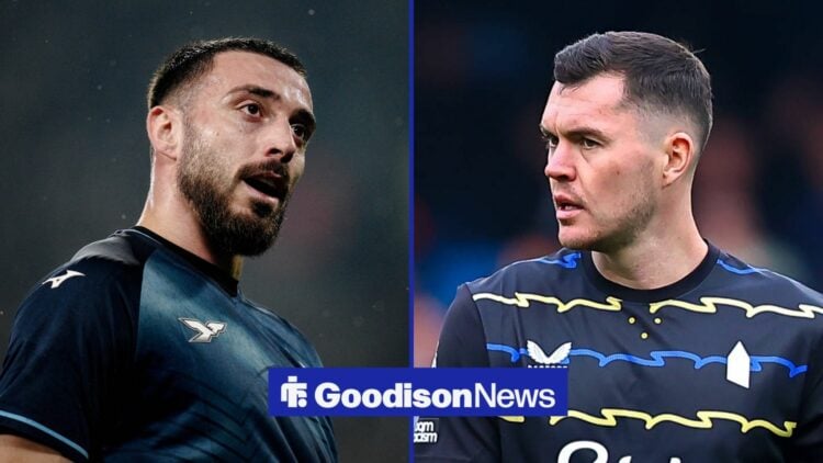 Michael Keane playing for Everton with Mario Gila playing for Lazio