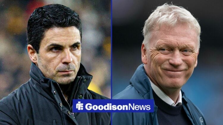 Mikel Arteta looking angry during an Arsenal game in a fifty, fifty image with a happy Everton boss David Moyes.