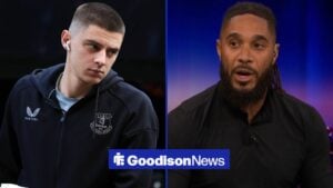 Fulham v Everton, Premier League Everton Defender Vitaliy Mykolenko 16 during the Premier League match between Fulham and Everton at Craven Cottage, London and former Everton defender Ashley Williams as a pundit on BBC Match of the Day