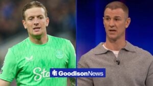 Everton FC v West Ham United FC, Premier League Jordan Pickford Of Everton during the Everton FC v West Ham United FC English Premier League match at Hill Dickinson Stadium with BBC Match of the Day pundit Joe Hart