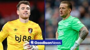 Newcastle United v Everton, Premier League Jordan Pickford Of Everton during the Newcastle United v Everton Premier League match at St. James Park and Mark Travers 42 of AFC Bournemouth during the Premier League match between Bournemouth and Everton at the Vitality Stadium