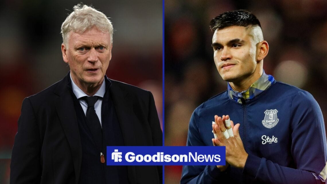 Everton manager David Moyes looking at the camera while Everton's Charly Alcaraz in an Everton training top, looks at him in 50:50 split image.