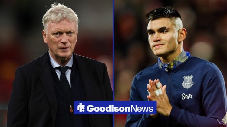 Everton manager David Moyes looking at the camera while Everton's Charly Alcaraz in an Everton training top, looks at him in 50:50 split image.