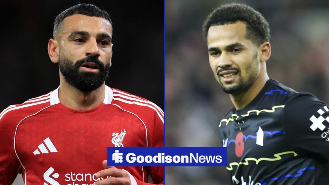 Mohamed Salah playing for Liverpool looking towards Iliman Ndiaye playing for Everton