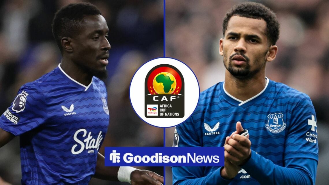 Idrissa Gueye and Iliman Ndiaye playing for Everton alongside a circle inset of the AFCON logo