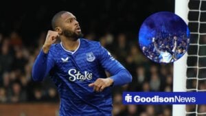 Beto of Everton celebrates after his side scores during the Premier League match between Fulham and Everton, Everton fans with flares at Goodison Park, their former home stadium.