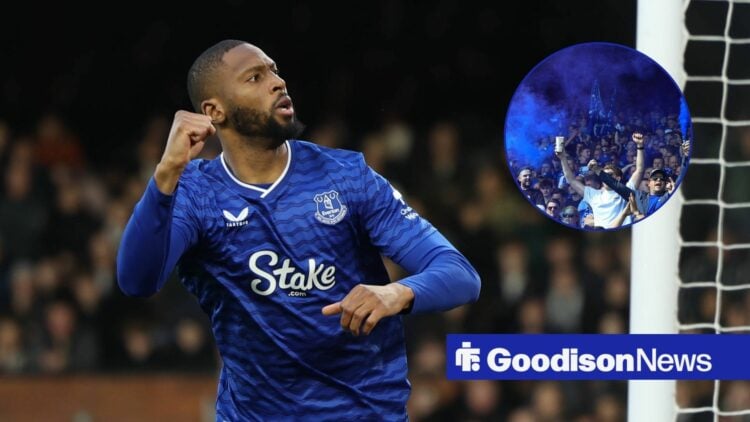 Beto of Everton celebrates after his side scores during the Premier League match between Fulham and Everton, Everton fans with flares at Goodison P...