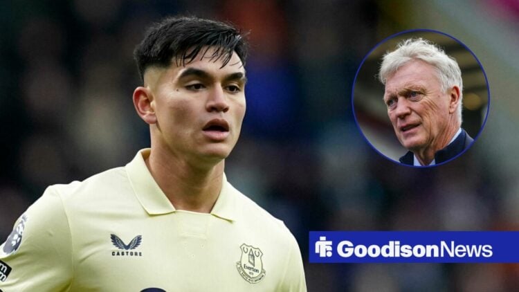 Charly Alcaraz in action for Everton, with David Moyes in a circular frame inset