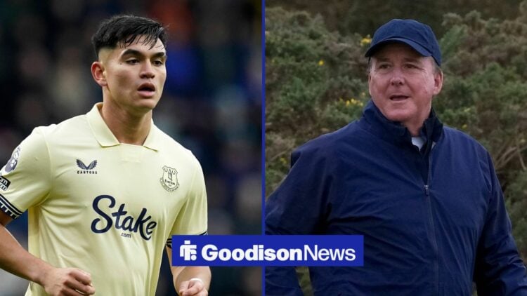 Charly Alcaraz of Everton during the Burnley vs Everton Premier League match, everton owner Dan Friedkin in a cap.