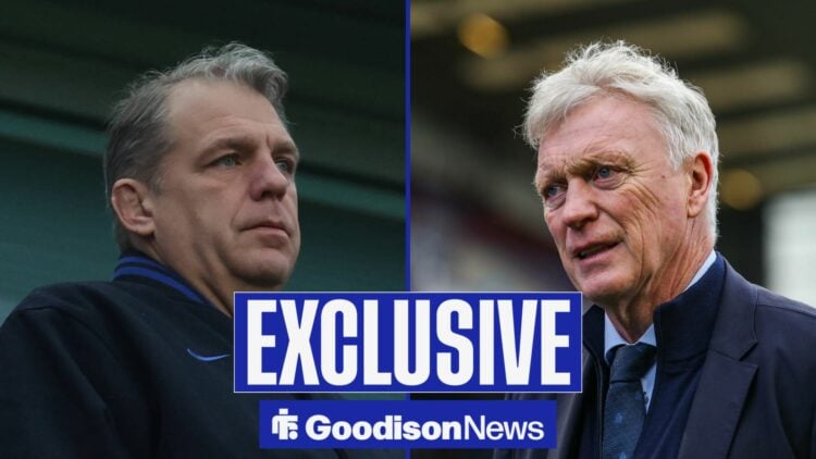 Chelsea co-owner Todd Boehly during a Premier League match at Stamford Bridge, Everton boss David Moyes looking angry.