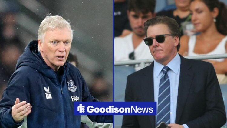 David Moyes looks animated in Everton versus AFC Bournemouth, Everton owner Dan Friedkin with sunglasses on.