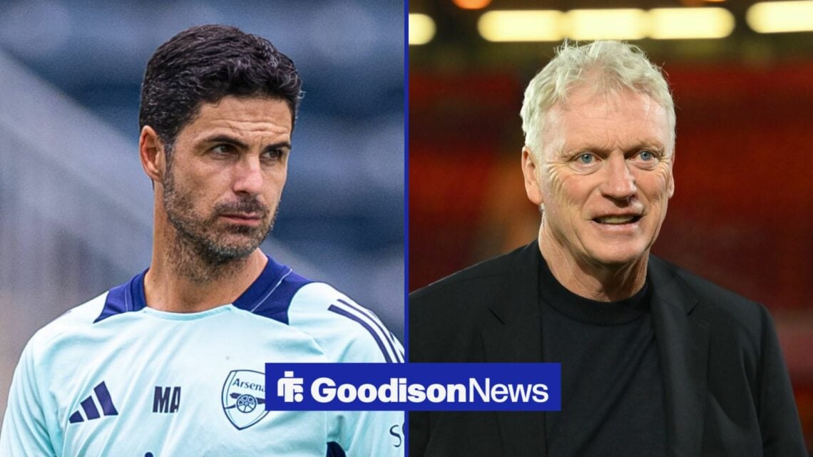 Mikel Arteta managing Arsenal in a training session, David Moyes manages Everton during the Premier League match with Nottingham Forest.