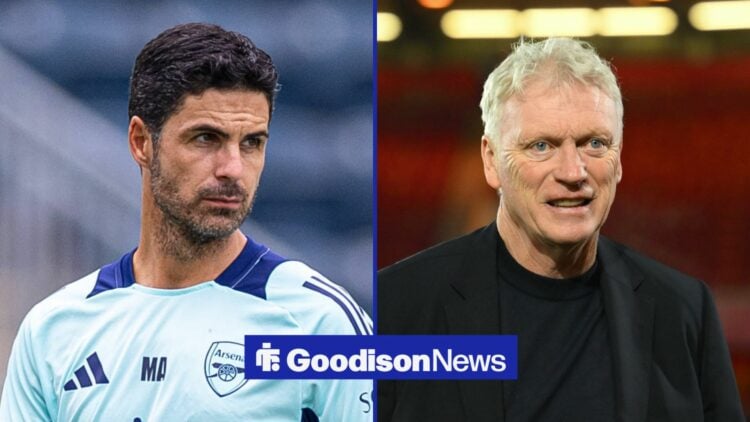 Mikel Arteta managing Arsenal in a training session, David Moyes manages Everton during the Premier League match with Nottingham Forest.