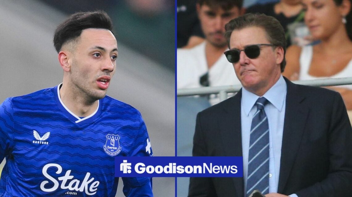 Dwight McNeil in action during the Everton v Leeds United Premier League match, Everton owner Dan Friedkin with sunglasses on.