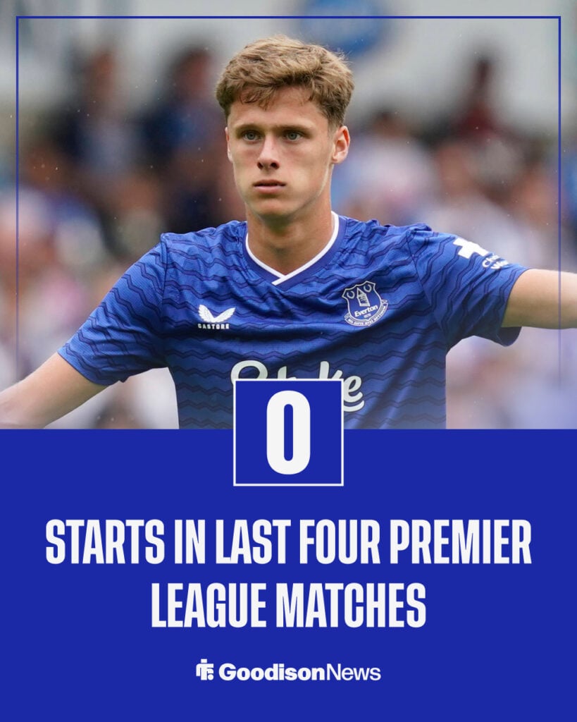 Everton midfielder Harrison Armstrong in the background with stat of number of starts in the Premier League in last four matches