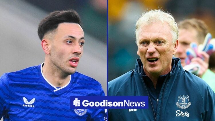 Split image of Everton forward Dwight McNeil and David Moyes