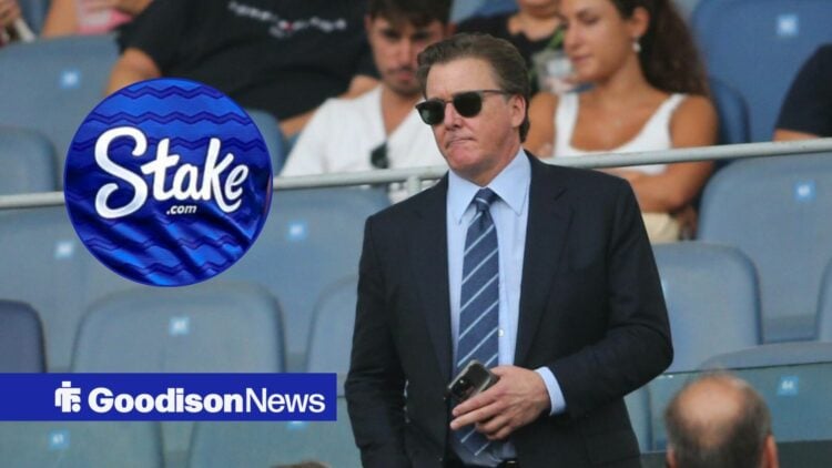 Everton owner Dan Friedkin, Everton's current shirt sponsor, Stake.com in inset.