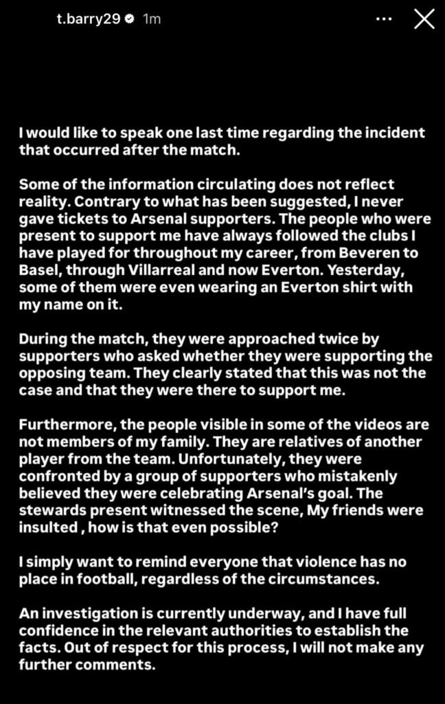 Thierno Barry's message on the Arsenal vs Everton incident.