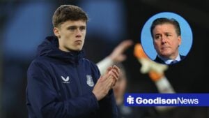 Harrison Armstrong of Everton thanks the supporters after the Premier League match between Fulham and Everton, Dan Friedkin in inset.