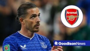 Jack Grealish clapping in an Everton shirt, Arsenal badge in inset.