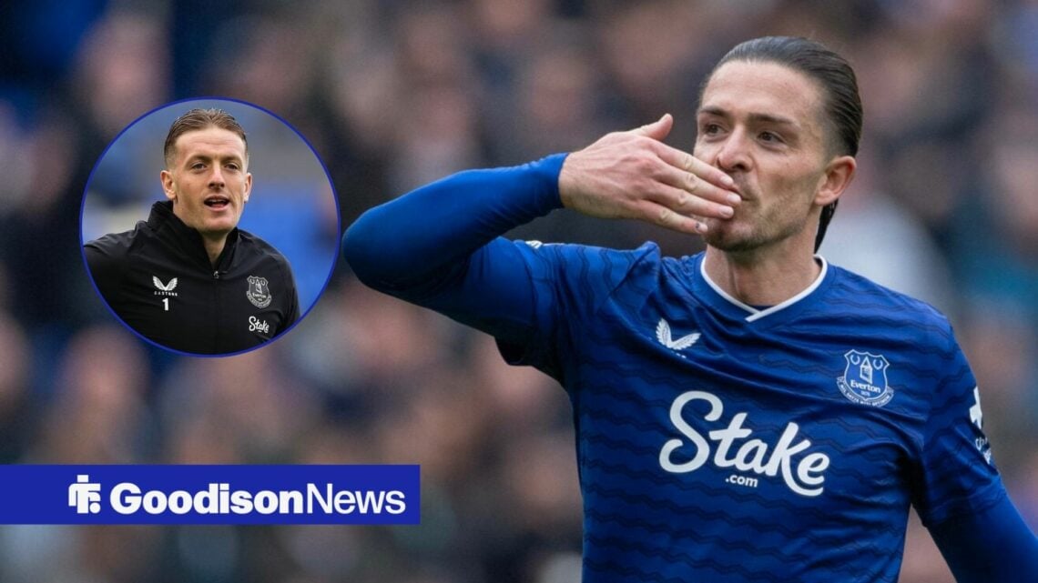 Jack Grealish of Everton acknowledges the fans after the Premier League match between Everton and Crystal Palace, Jordan Pickford of Everton during...