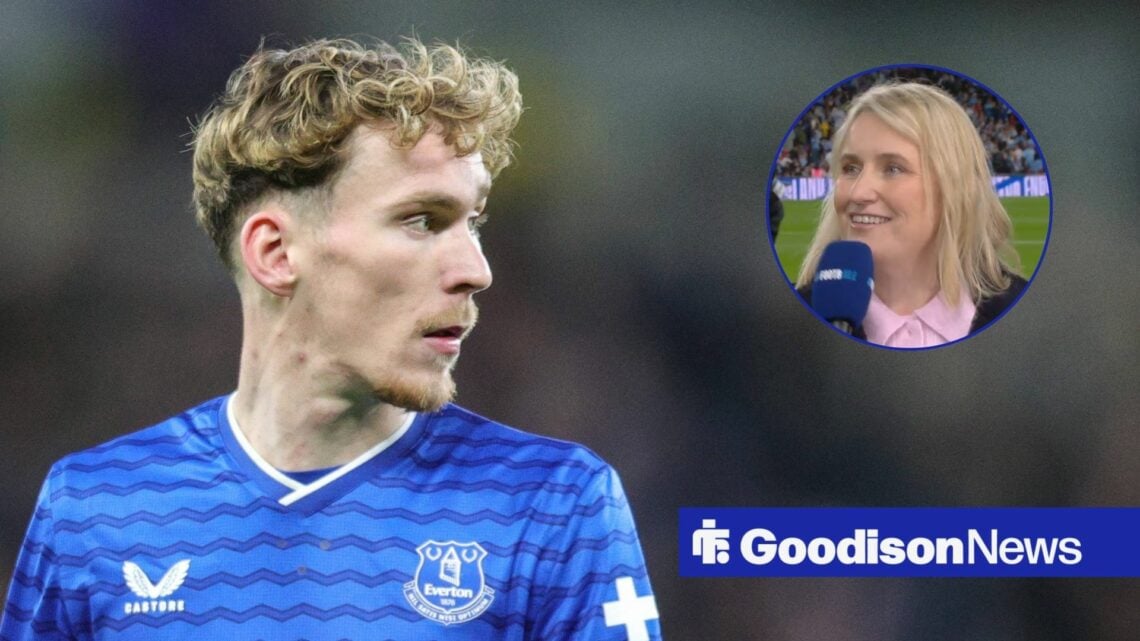 James Garner of Everton during the Premier League match Everton vs Wolverhampton Wanderers, Emma Hayes in inset.