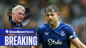 James Tarkowski of Everton reacts during the Wolverhampton Wanderers vs Everton Premier League match, David Moyes Manager Of Everton Arrives during the Burnley match.