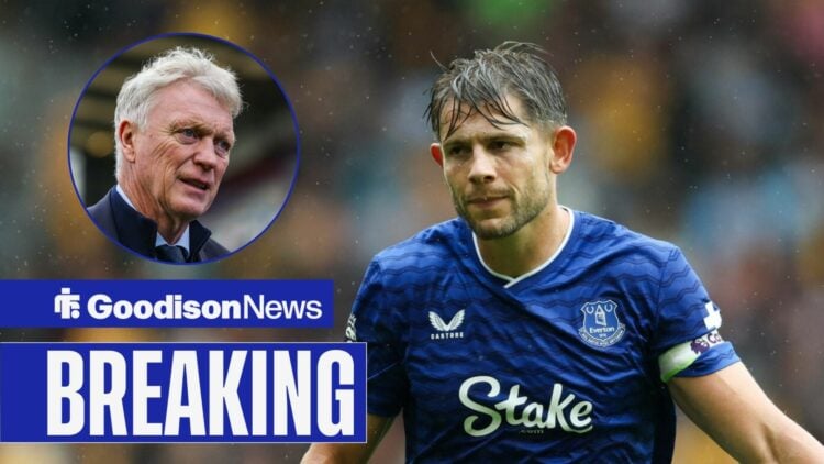 James Tarkowski of Everton reacts during the Wolverhampton Wanderers vs Everton Premier League match, David Moyes Manager Of Everton Arrives during...