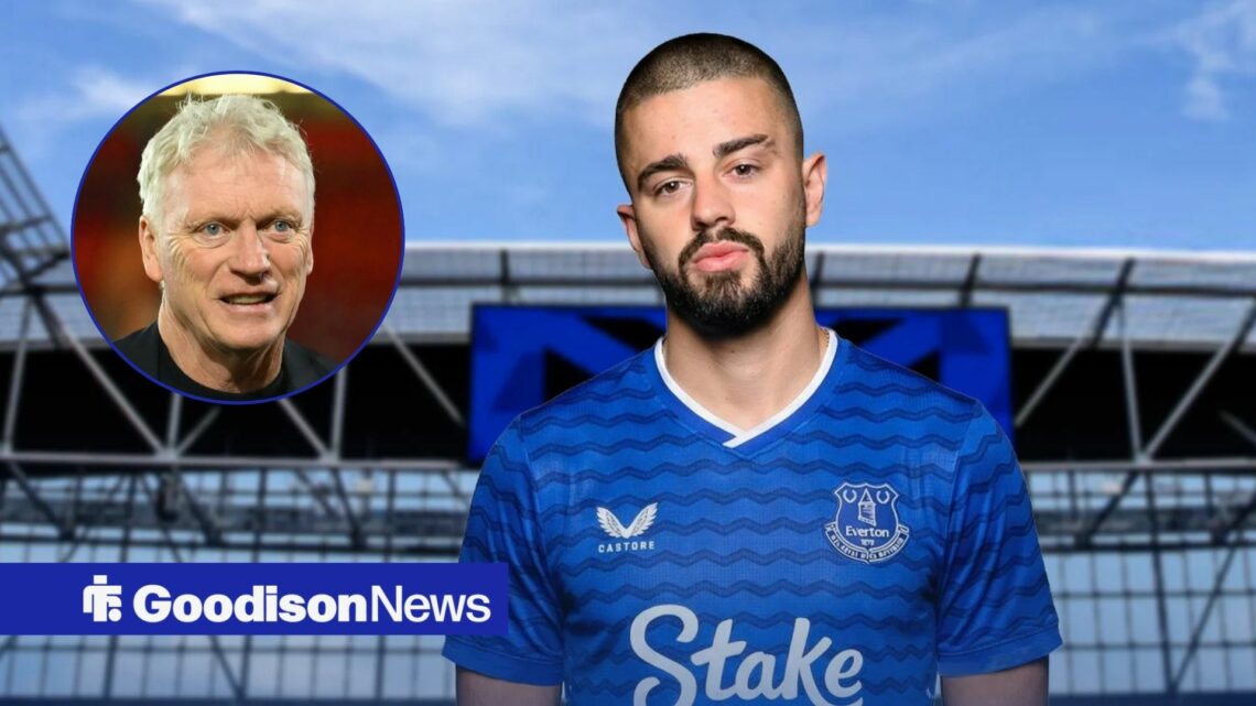 Edon Zhegrova in an Everton kit, with David Moyes in a circular frame inset