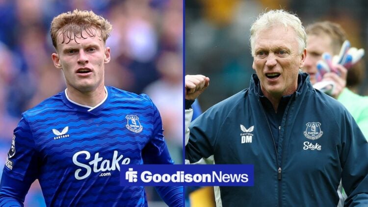 Jarrad Branthwaite of Everton during the Everton FC v AS Roma Pre-Season friendly match at the Hill Dickinson Stadium, David Moyes celebrates towar...