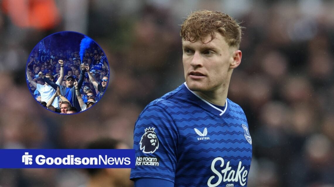 Jarrad Branthwaite of Everton plays during the Premier League match between Newcastle United and Everton, Everton fans who are holding flares insid...