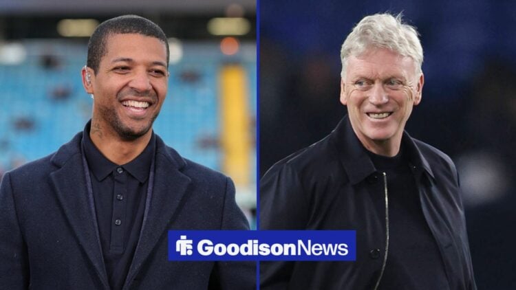 Jermaine Beckford providing coverage for BT Sports for the Premier League match Leeds United vs Leicester City, Everton boss David Moyes smiling.