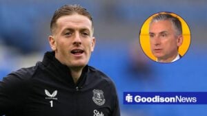 AJordan Pickford of Everton during the pre-game warm up ahead of the Everton vs Crystal Palace Premier League match, Alan Smith on Sky Sports.