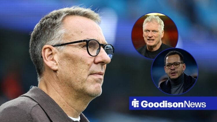 Paul Merson on pundit duty for Arsenal vs Manchester City, Everton boss David Moyes and Liam Rosenior in insets.