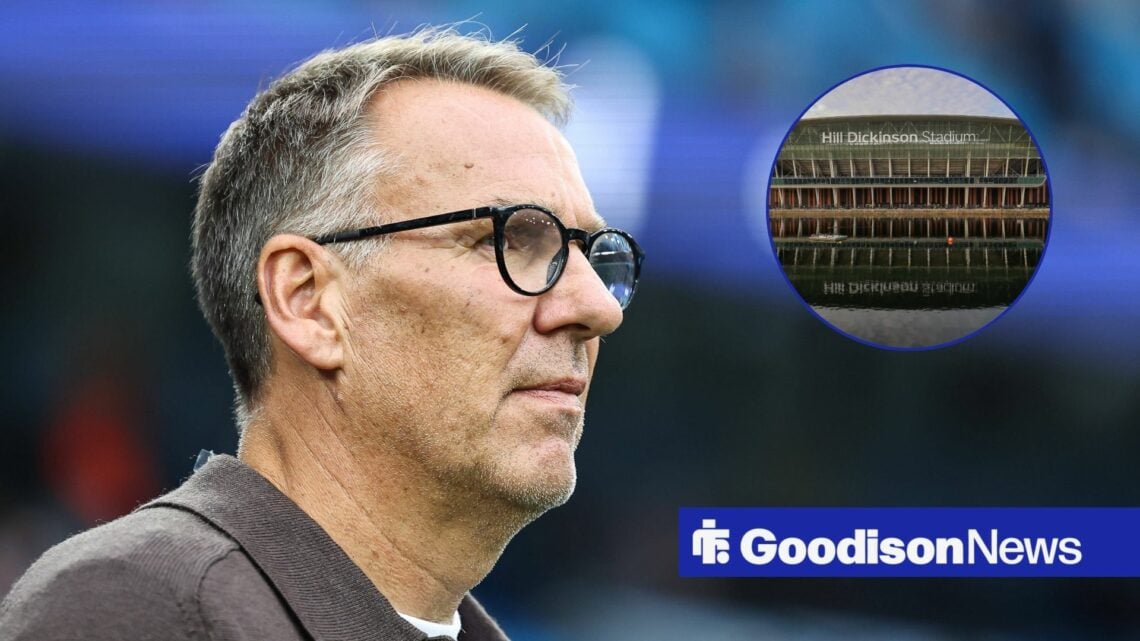 Paul Merson ahead of the Premier League match between Manchester City and Arsenal, view outside the Hill Dickinson Stadium Stadium during the Evert...