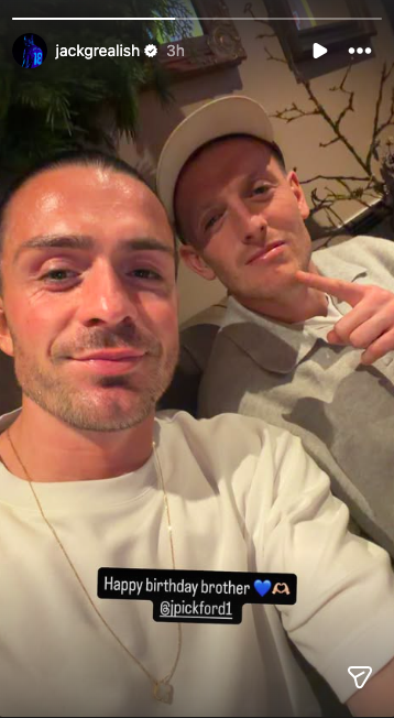 Jack Grealish shares an image of him and Everton goalkeeper on Instagram.