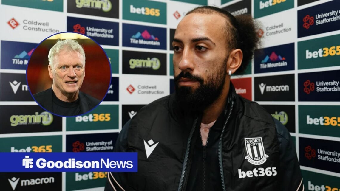 Stoke City winger and Everton target doing post-match media duties, David Moyes smiling in inset.