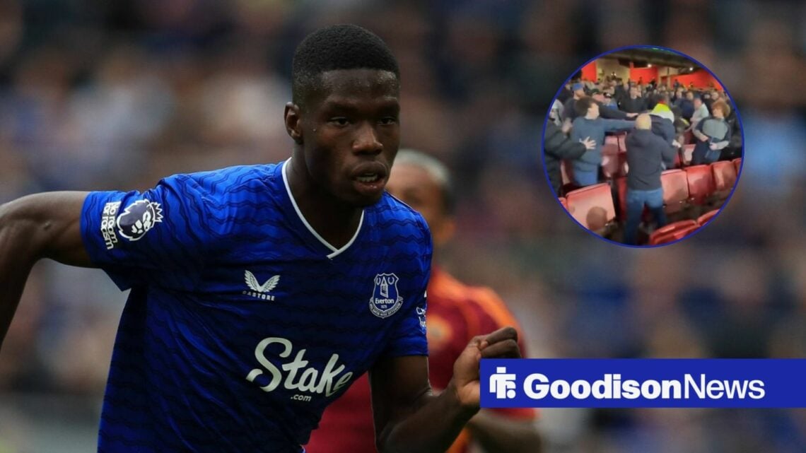 Everton forward Thierno Barry in action vs Crystal Palace, altercation between supporters at Arsenal vs Everton in inset.