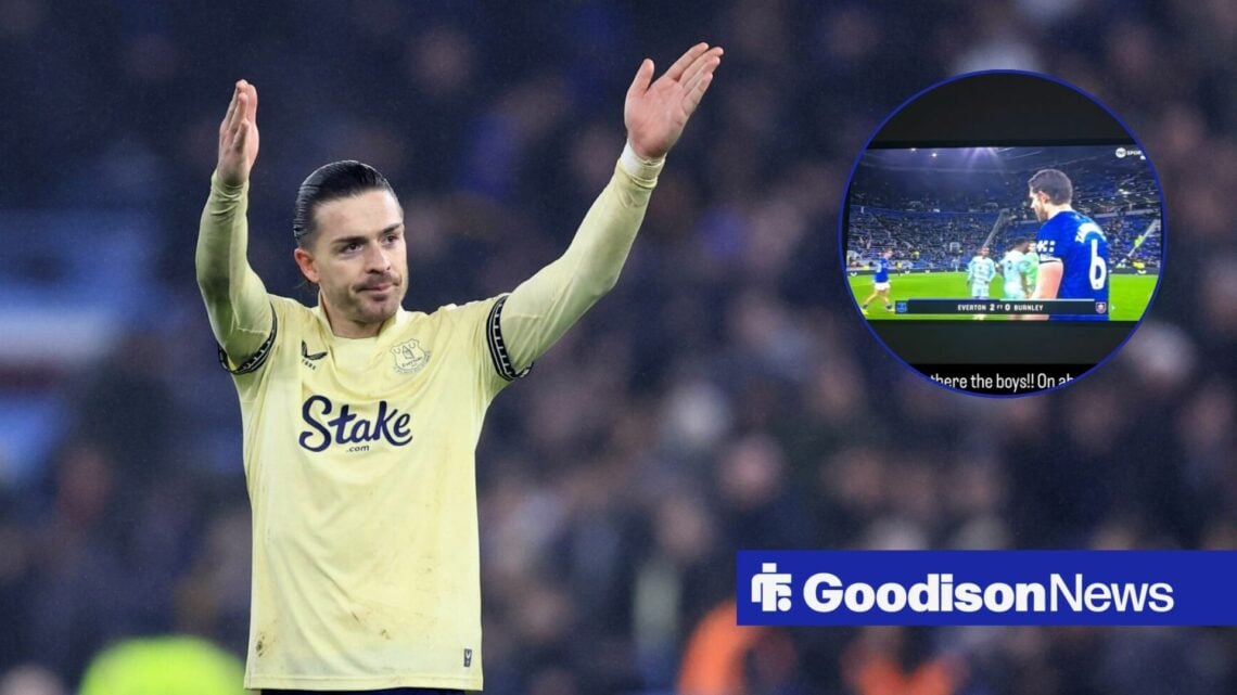 Jack Grealish celebrates, with a circular frame inset of his Instagram post