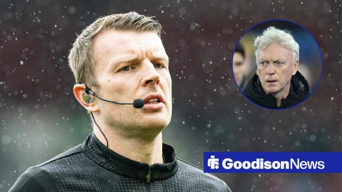 Sam Barrott refereeing a game, with David Moyes in a circular frame inset