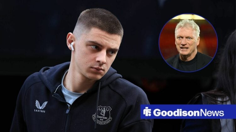 Everton star Vitalii Mykolenko looking miserable, David Moyes manages Everton during the Premier League match with Nottingham Forest.