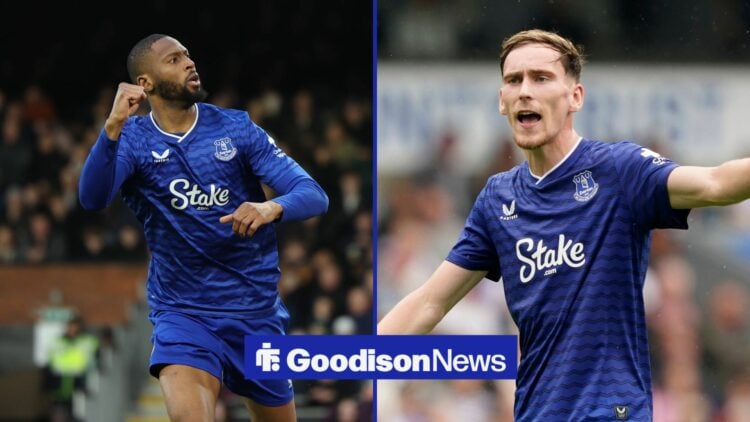 A 50-50 split image of Beto and James Garner in action for Everton.