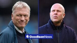 A 50-50 split image of David Moyes and Arne Slot in charge of Everton and Liverpool.