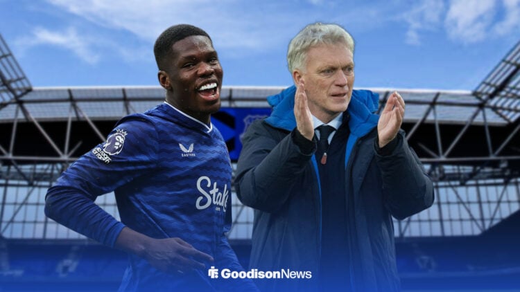 Thierno Barry smiling alongside David Moyes clapping at Hill Dickinson Stadium.