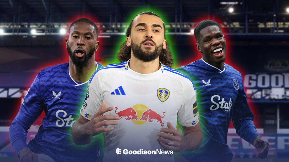 Dominic Calvert-Lewin in a Leeds shirt highlighted in green alongside Thierno Barry and Beto in Everton shirts outlined in red.
